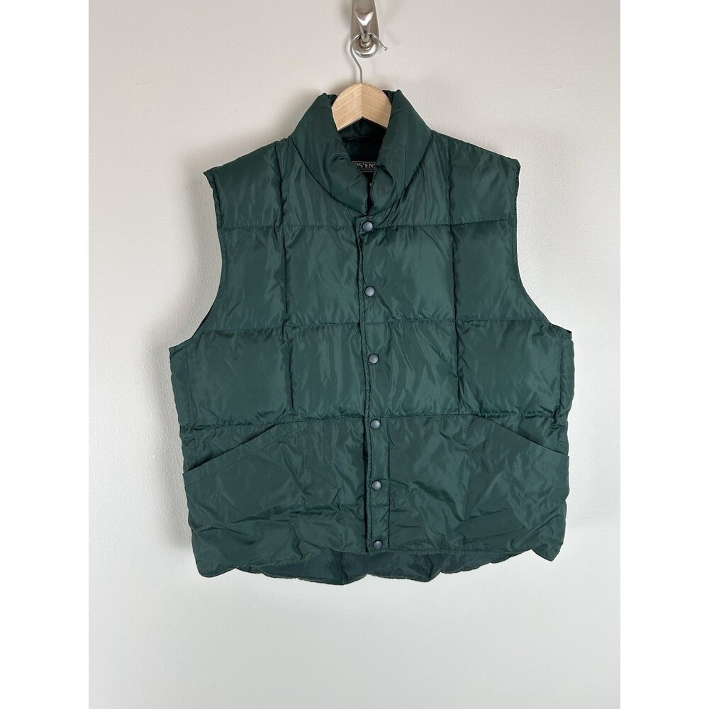 Lands End Men’s Large Goose Down Puffer Vest Jacket Snap Green Winter Ski Snow